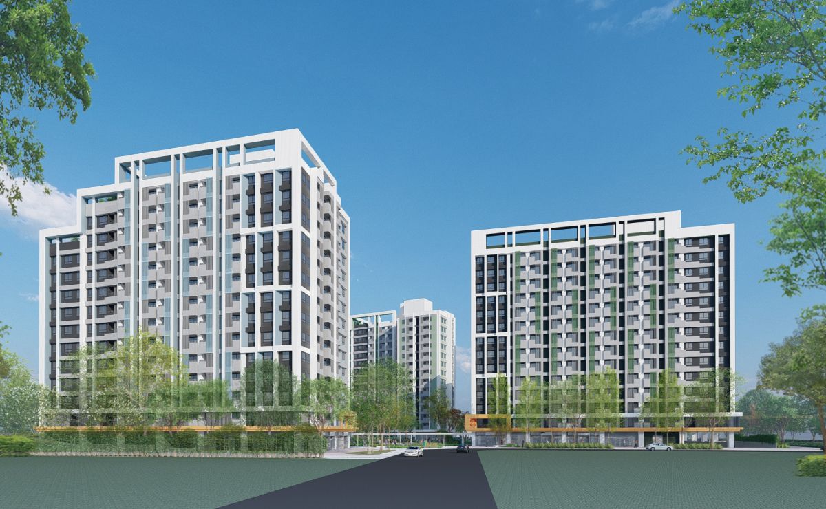 兩棟白色集合住宅與前方的道路。