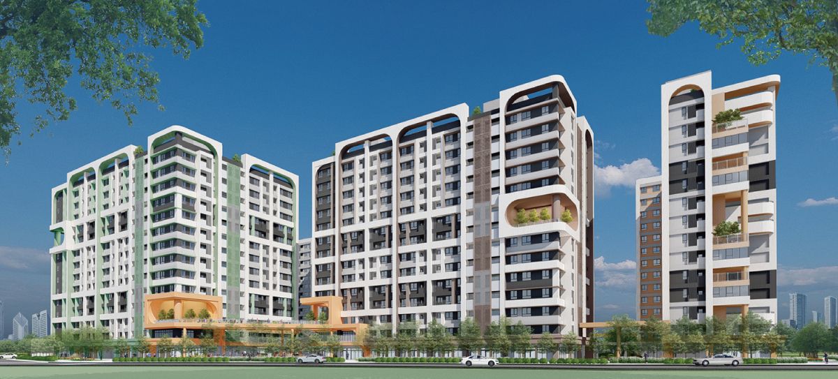 多棟以圓弧頂框收邊的集合住宅。